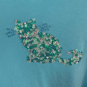 2X Quacker Factory CAT Top ~ Aqua Blue Sparkle Sequin 3/4 Sleeve Women's Shirt